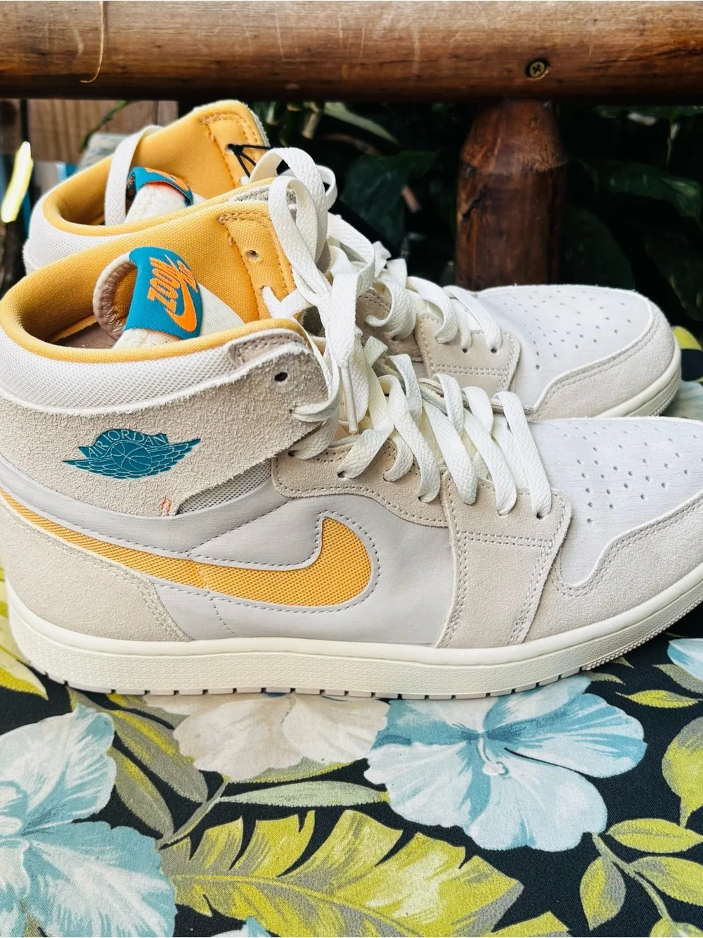 Nike Men’s Air Jordan High Top Sneakers - Cream & Yellow with aqua accent